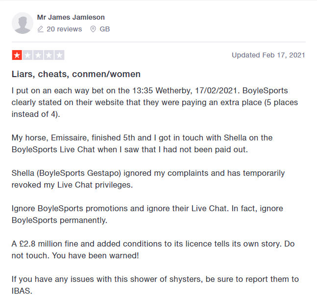 Trustpilot Boylesports review